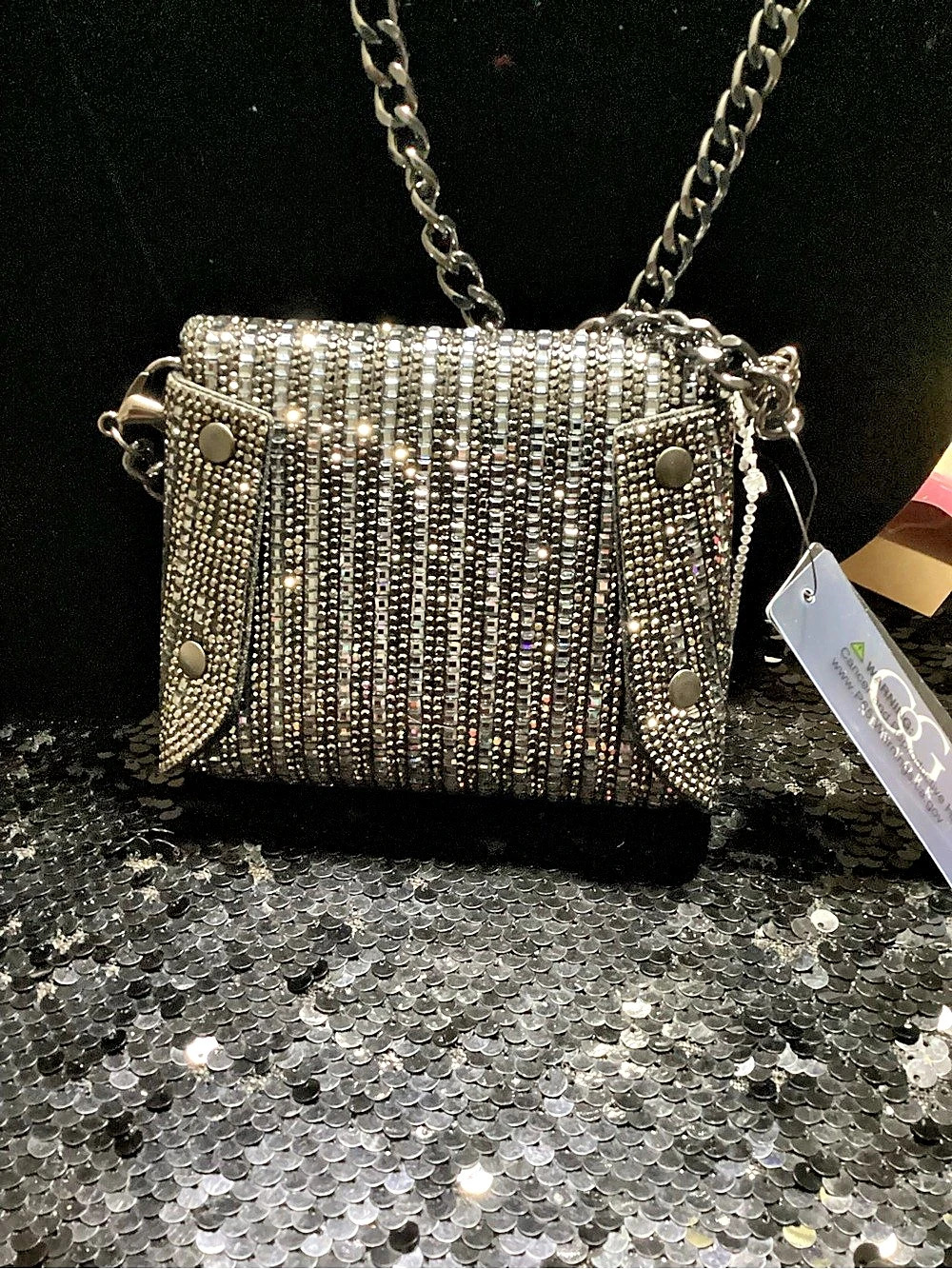 Rhinestone Chain Mini Bag in Black & Silver NWT